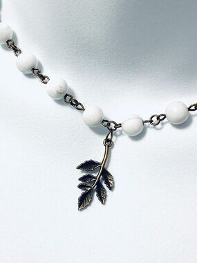 Genuine White Magnesite Short Necklace, Natural Gemstone & Bronze Leaf Branch